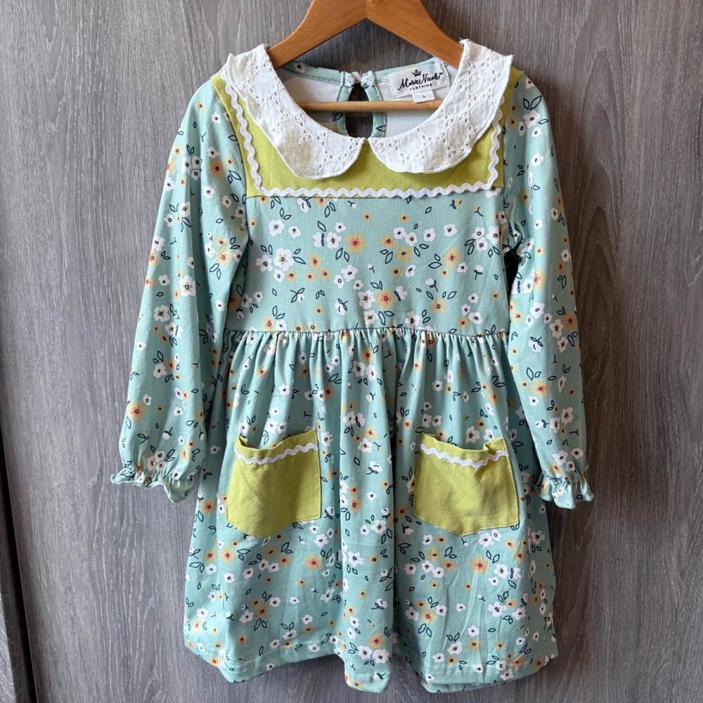 Marie Nicole Floral Dress Girls L 4y Green Lace Collar Cottagecore Prairie Style